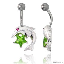 Dolphins Belly Button Ring with Emerald Cubic Zirconia on Sterling Silver  - $33.05