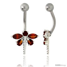 Dragonfly Belly Button Ring with Red Cubic Zirconia on Sterling Silver  - £26.27 GBP