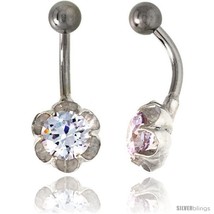 Flower Belly Button Ring with Clear Cubic Zirconia on Sterling Silver Se... - £26.27 GBP