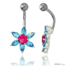 Sunflower Belly Button Ring with Blue Topaz Cubic Zirconia on Sterling S... - £26.41 GBP