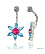 Sunflower Belly Button Ring with Blue Topaz Cubic Zirconia on Sterling S... - £26.41 GBP