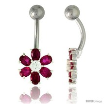 Flower Belly Button Ring with Ruby Red Cubic Zirconia on Sterling Silver  - £26.38 GBP