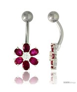 Flower Belly Button Ring with Ruby Red Cubic Zirconia on Sterling Silver  - £26.41 GBP