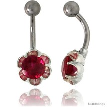 Flower Belly Button Ring with Ruby Red Cubic Zirconia on Sterling Silver  - £25.98 GBP