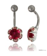 Flower Belly Button Ring with Ruby Red Cubic Zirconia on Sterling Silver  - £26.41 GBP