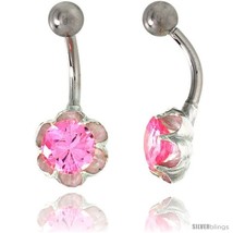 Flower Belly Button Ring with Pink Cubic Zirconia on Sterling Silver Set... - £26.48 GBP