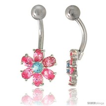 Flower Belly Button Ring with Pink Cubic Zirconia on Sterling Silver Set... - £26.27 GBP