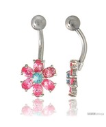 Flower Belly Button Ring with Pink Cubic Zirconia on Sterling Silver Set... - £26.41 GBP