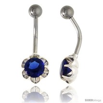 Flower Belly Button Ring with Blue Sapphire Cubic Zirconia on Sterling S... - £25.92 GBP