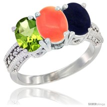 Size 5.5 - 14K White Gold Natural Peridot, Coral &amp; Lapis Ring 3-Stone Oval 7x5  - £562.58 GBP