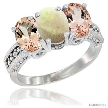 Size 7 - 10K White Gold Natural Opal &amp; Morganite Sides Ring 3-Stone Oval 7x5 mm  - £485.14 GBP