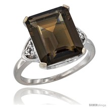 Size 8 - 10K White Gold Natural Smoky Topaz Ring Emerald-shape 12x10 Stone  - £433.20 GBP