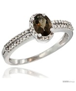 Size 8 - 10K White Gold Natural Smoky Topaz Ring Oval 6x4 Stone Diamond  - $499.42