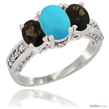 Size 7 - 10K White Gold Ladies Oval Natural Turquoise 3-Stone Ring with Smoky  - £449.81 GBP