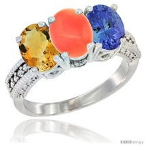 Size 5 - 14K White Gold Natural Citrine, Coral &amp; Tanzanite Ring 3-Stone 7x5 mm  - £600.07 GBP