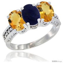 Size 5 - 14K White Gold Natural Lapis &amp; Citrine Sides Ring 3-Stone 7x5 mm Oval  - £569.56 GBP