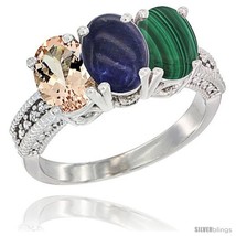 Size 10 - 10K White Gold Natural Morganite, Lapis &amp; Malachite Ring 3-Stone Oval  - £435.33 GBP