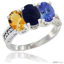 Size 7 - 14K White Gold Natural Citrine, Lapis &amp; Tanzanite Ring 3-Stone 7x5 mm  - £605.09 GBP