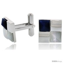 Stainless Steel Checkerboard Cufflinks, w/ Blue & White Pyramid Stones, 1/2 in  - £31.05 GBP