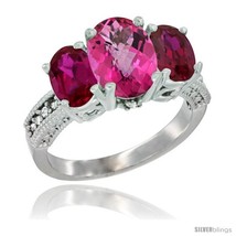 Size 6 - 10K White Gold Ladies Natural Pink Topaz Oval 3 Stone Ring with Ruby  - £510.37 GBP