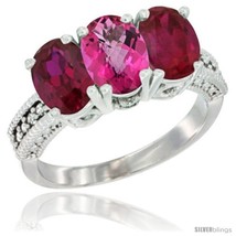 Size 5 - 10K White Gold Natural Pink Topaz &amp; Ruby Sides Ring 3-Stone Oval 7x5  - £449.44 GBP