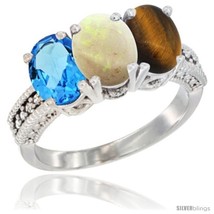 Size 6 - 10K White Gold Natural Swiss Blue Topaz, Opal &amp; Tiger Eye Ring 3-Stone  - $539.82