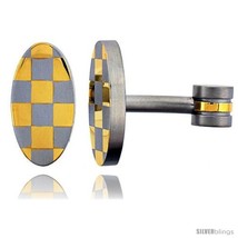 Stainless Steel Oval Shape Cufflinks Gold Plated Checkered  - $29.53