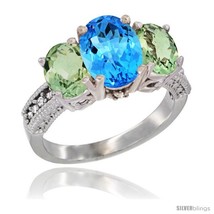 Size 10 - 14K White Gold Ladies 3-Stone Oval Natural Swiss Blue Topaz Ring with  - £649.28 GBP