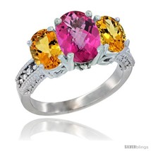 Size 10 - 10K White Gold Ladies Natural Pink Topaz Oval 3 Stone Ring with  - £501.66 GBP