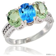 Size 7.5 - 14K White Gold Natural Swiss Blue Topaz &amp; Green Amethyst Ring  - $725.08