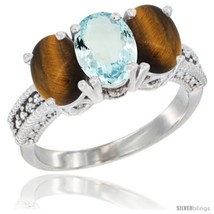 Size 9.5 - 14K White Gold Natural Aquamarine &amp; Tiger Eye Sides Ring 3-Stone 7x5  - £555.28 GBP