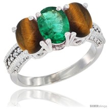 Size 7.5 - 14K White Gold Natural Emerald &amp; Tiger Eye Sides Ring 3-Stone 7x5 mm  - £584.80 GBP