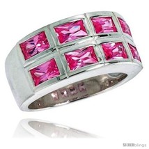 Size 9 - Sterling Silver Double Row Emerald Cut Pink Tourmaline Colored CZ  - £97.83 GBP