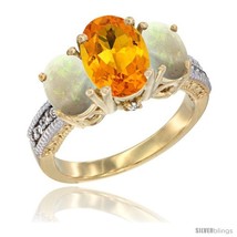 Size 6 - 14K Yellow Gold Ladies 3-Stone Oval Natural Citrine Ring with Opal  - £642.17 GBP