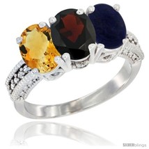 Size 8.5 - 10K White Gold Natural Citrine, Garnet &amp; Lapis Ring 3-Stone Oval 7x5  - £430.01 GBP