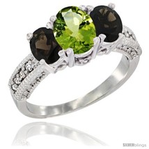 Size 8 - 14k White Gold Ladies Oval Natural Peridot 3-Stone Ring with Smoky  - £563.68 GBP