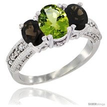 Size 6 - 14k White Gold Ladies Oval Natural Peridot 3-Stone Ring with Smoky  - £563.68 GBP