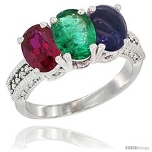 Size 10 - 10K White Gold Natural Ruby, Emerald &amp; Lapis Ring 3-Stone Oval 7x5 mm  - £466.50 GBP