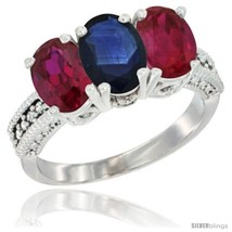 Size 5.5 - 10K White Gold Natural Blue Sapphire &amp; Ruby Sides Ring 3-Stone Oval  - £493.13 GBP