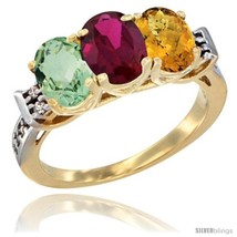 Size 8 - 10K Yellow Gold Natural Green Amethyst, Ruby &amp; Whisky Quartz Ring  - £419.41 GBP