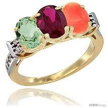 K yellow gold natural green amethyst ruby coral ring 3 stone oval 7x5 mm diamond accent thumb200