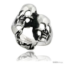 Size 9 - Surgical Steel Biker Ring Chained Double Skull 1 3/16  - £20.38 GBP