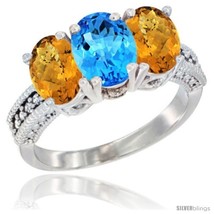 Size 9 - 14K White Gold Natural Swiss Blue Topaz Ring with Whisky Quartz  - £573.84 GBP