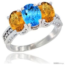 Size 10 - 14K White Gold Natural Swiss Blue Topaz Ring with Whisky Quartz  - £573.84 GBP