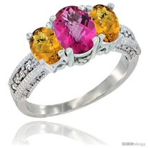 Size 9.5 - 14k White Gold Ladies Oval Natural Pink Topaz 3-Stone Ring with  - £561.08 GBP