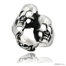 Size 15 - Surgical Steel Biker Ring Chained Double Skull 1 3/16  - £20.38 GBP