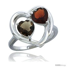Size 9.5 - 14k White Gold 2-Stone Heart Ring 6mm Natural Smoky Topaz &amp; Garnet  - £371.85 GBP