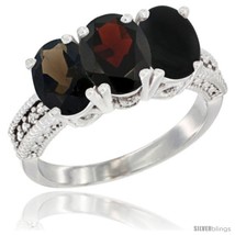 Size 9 - 14K White Gold Natural Smoky Topaz, Garnet &amp; Black Onyx Ring 3-Stone  - $712.53