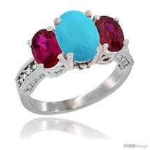 Size 9 - 10K White Gold Ladies Natural Turquoise Oval 3 Stone Ring with Ruby  - £528.76 GBP