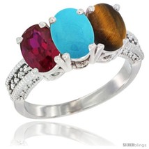 Size 9.5 - 10K White Gold Natural Ruby, Turquoise &amp; Tiger Eye Ring 3-Stone Oval  - £436.12 GBP